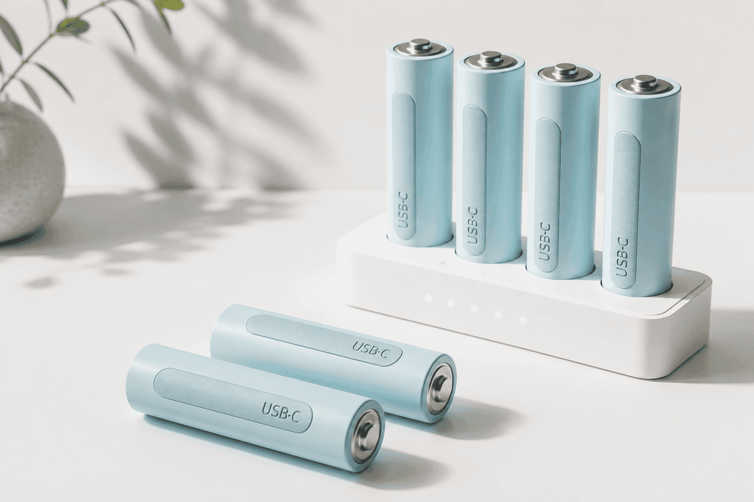 Pale Blue USB-C AA rechargeable batteries with built-in USB-C charging ports for reliable power in everyday household devices.