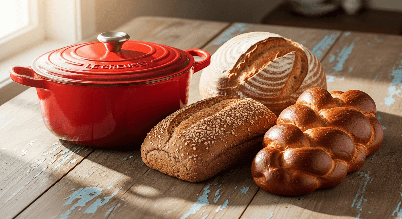 Le Creuset Dutch oven used for professional bread baking with a golden artisan sourdough loaf and crisp crust.